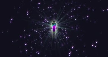 İnsan aura alanlarının çok renkli enerjisinin, meditasyon yapan kişinin etrafında farklı şekiller oluşturarak aydınlanmasının üç boyutlu bir animasyonu. VJing için video. Yüksek kalite 4k görüntü