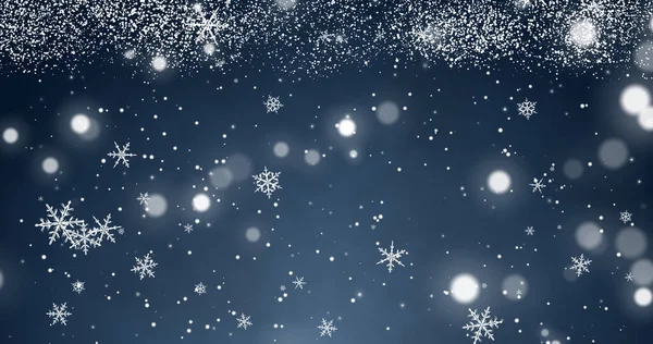 在蓝色的圣诞快乐的背景上 白色的五彩纸屑雪片和爆竹灯闪烁着光芒 神奇的新年快乐质感 3D渲染3D插图 — 图库照片