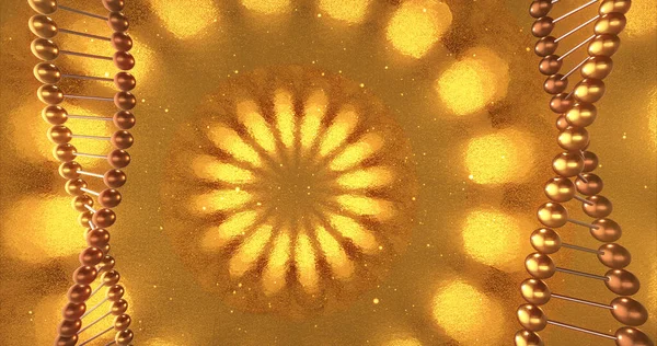Dna分子の渦を持つ黄金の幾何学的背景 美容整形クリニック用デジタル壁紙 イノベーションと医療の概念 3Dレンダリング — ストック写真