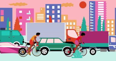 Afrikalı Amerikalı bisikletçiler şehirde trafik sıkışıklığı olan yolda bisiklet sürüyorlar. Çizgi film, düz tasarım, 3 boyutlu illüstrasyon