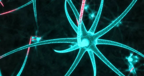 Neonowe Komórki Neuronowe Czarnym Tle Model Ilustracja — Zdjęcie stockowe