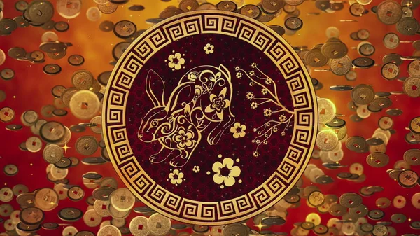 Chinese Spring Festival, red background with falling golden coins symbol of wealth for New Year celebration. High qualityimage