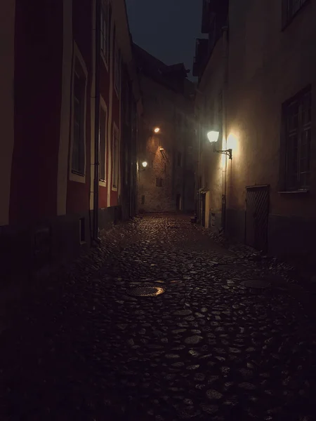 Темная Улица Городе Светящимся Фонарем Каменистой Дорогой — стоковое фото