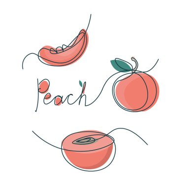 Bir sıra şeftali tasarımı. El çizimi minimalizm stili vektör çizimi beyaz arkaplanda izole.