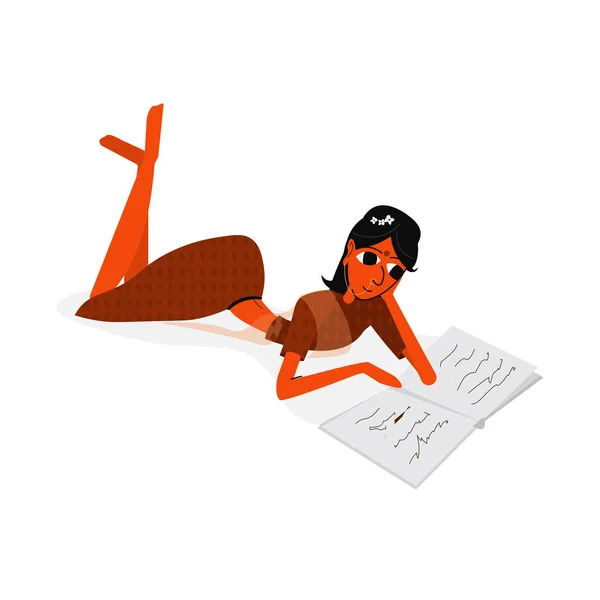 Mujer india leyendo un libro, ilustración vectorial. Lectura interesante — Archivo Imágenes Vectoriales