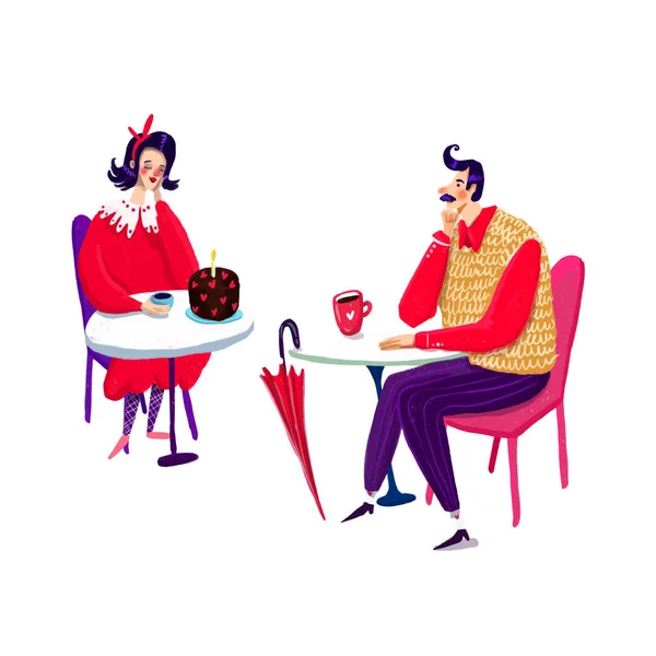 Um homem e uma mulher estão sentados num café. Ilustração vetorial — Vetor de Stock