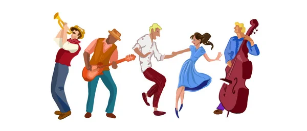 Detaillierte Vektorillustration von Silhouetten ausdrucksstarker Musiker und tanzender Menschen. Jazz funk, hip hop, house dance. Tänzerin. — Stockvektor