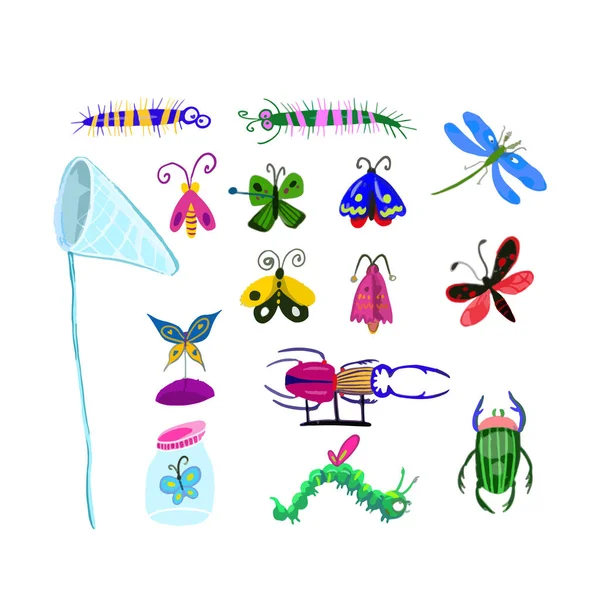Lustige Insekten. Zeichentrickfigur. isoliert auf weißem Hintergrund. Biene, Hummel, Schmetterling, Käfer, Marienkäfer, Heuschrecke, Mücke, Libelle, Schnecke, Spinne, Wespe, Ameise — Stockvektor