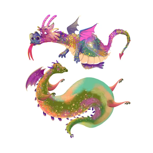 Um conjunto de dois dragões de fadas. Ilustração das crianças — Vetor de Stock