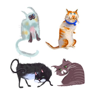 Çizgi film kedi karakterleri koleksiyonu. Farklı kedi pozları, yoga ve duygular. Düz renk basit biçim tasarımı. Vektör illüstrasyonu