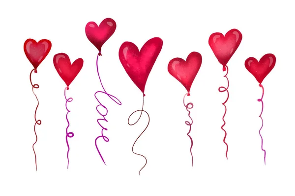 Balões de hélio em forma de coração para o dia dos namorados. O fio do balão é feito com a palavra amor — Vetor de Stock