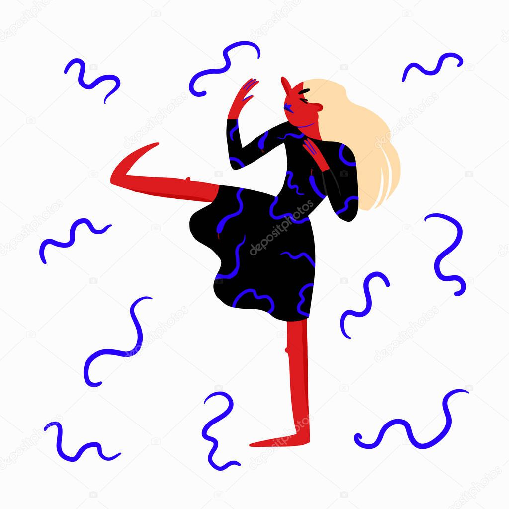 The woman fights off unnecessary thoughts. The concept of psychological self-flagellation, self-punishment, feelings of guilt for self-harm. Vector illustration