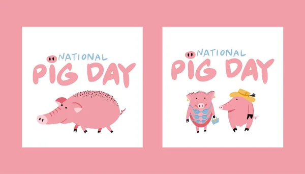 Cartão vetorial do Dia Nacional do Porco, ilustração com bonito desenho animado estilo porco faces padrão fundo. — Vetor de Stock