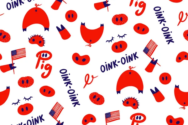 National pig day seamless pattern. Piglet, tails, oink-oink, USA flag — 图库矢量图片