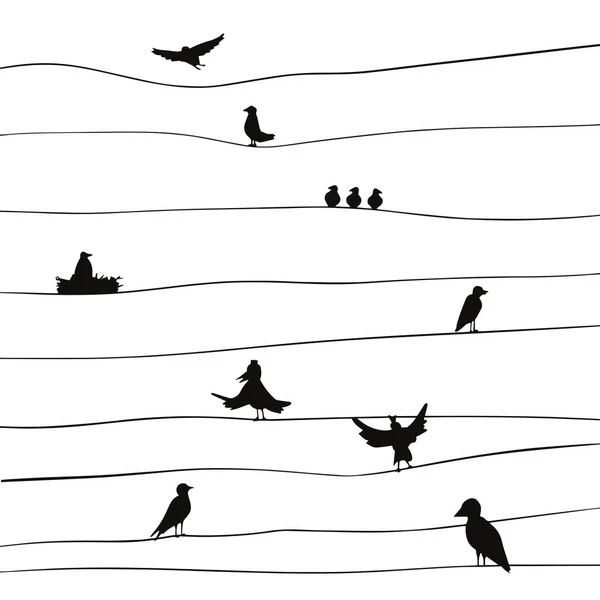 Silhouette d'oiseaux sur les fils pour la décoration. — Image vectorielle