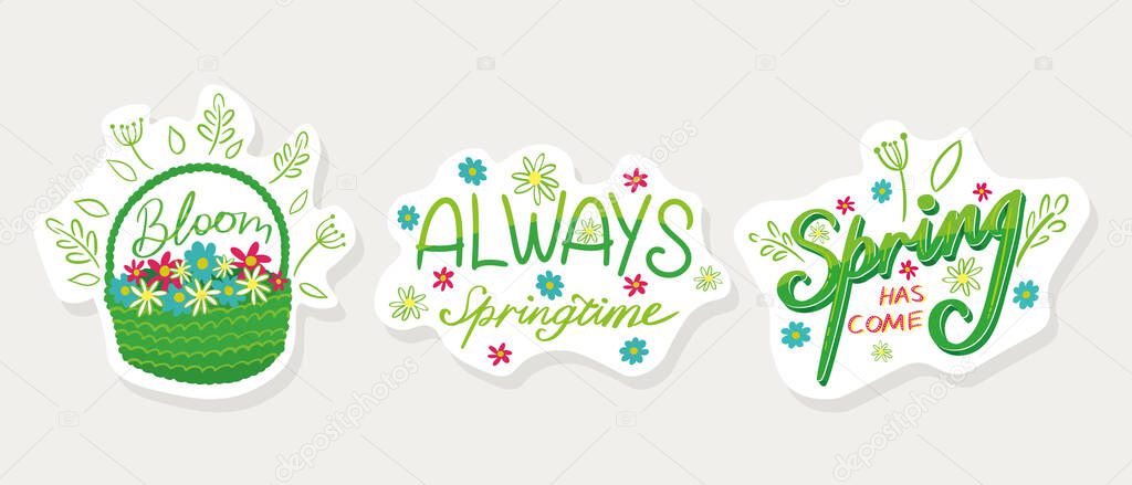 A set of stickers on the theme of spring with inscriptions. Basket of flowers. Spring came. Spring time