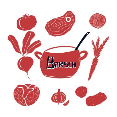 Geleneksel Rus çorbası. Borç çorbası. Tarif seti ve malzemeler - et, pancar, patates, havuç, soğan, lahana