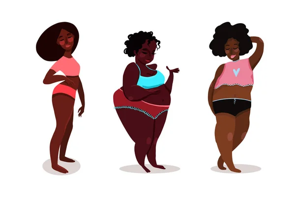 Набор черных девушек тела положительные в различных позах — стоковый вектор