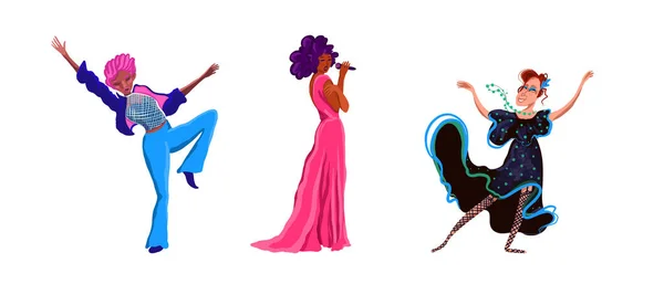 Set of dancing and singing women of different ages — Stock Vector