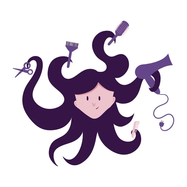 Flickans hår håller en hårtork, kam, sax — Stock vektor