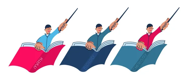Een pedagoog met een wijzer in de hand vliegt op een boek — Stockvector