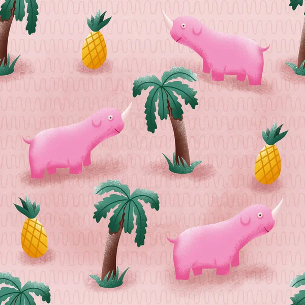 Naadloze roze kids geometrische driehoek en neushoorn dieren illustratie achtergrond patroon in — Stockfoto