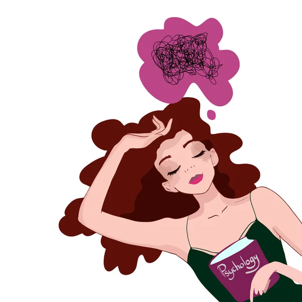 Das Mädchen hält ein Buch über Psychologie in der Hand. Traurige Gedanken und Depressionen — Stockvektor