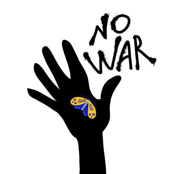 Poster geen oorlog. Een hand met een mot in de kleuren van de Oekraïense vlag. — Stockvector