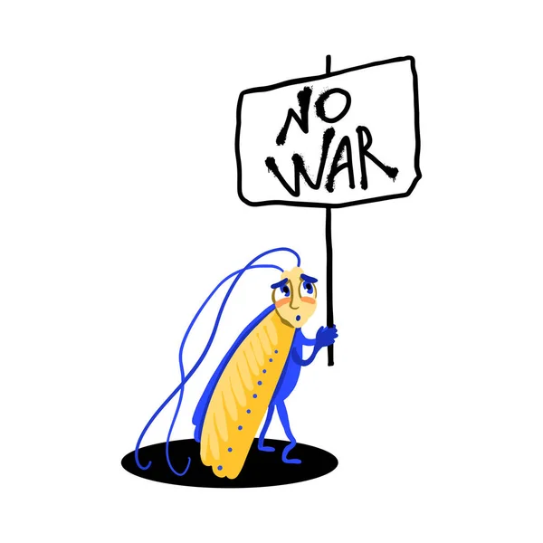 Poster geen oorlog. Een mot in de kleuren van de Oekraïense vlag draagt een poster met het opschrift Nee tegen oorlog — Stockvector
