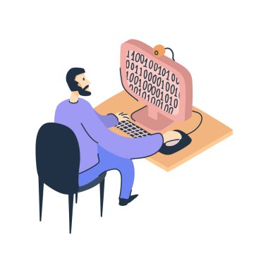Bir programcı bir masaüstü bilgisayarına kod yazar. Monitörde ikili kod