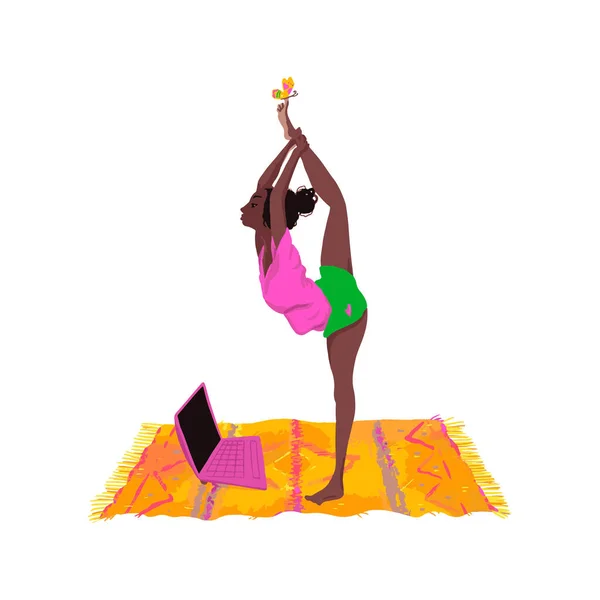 Yoga les thuis. Live streaming online les met vrouwelijke leraar in mobiele app. Vector illustratie in een platte stijl — Stockvector