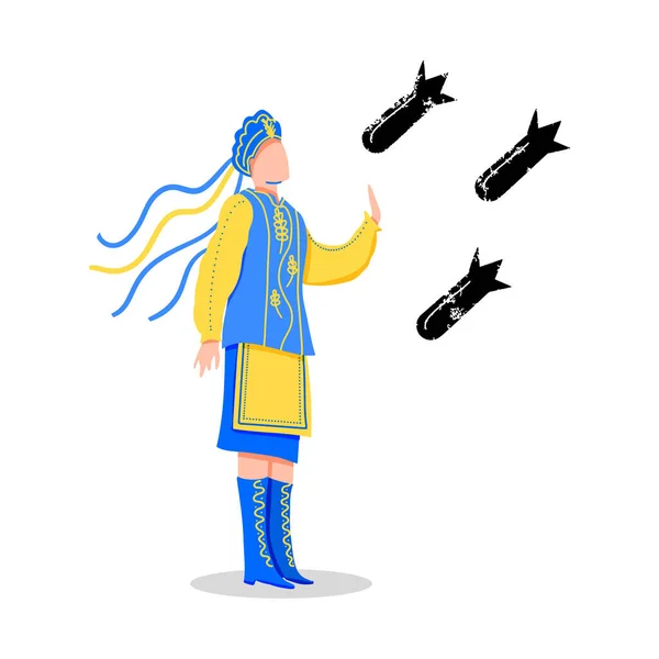 Een Oekraïens meisje in een nationaal kostuum stopt bommen. Geen oorlog in Oekraïne — Stockvector