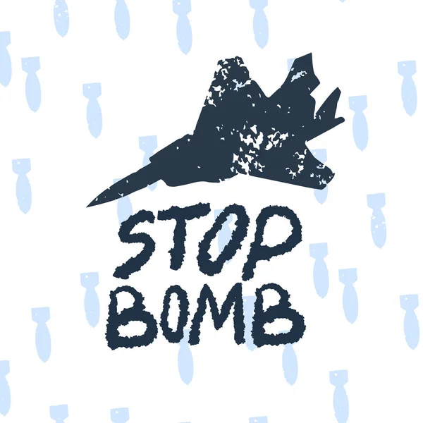 Briefkaart met de stad waarover het vliegtuig vliegt en bommen gooit — Stockvector