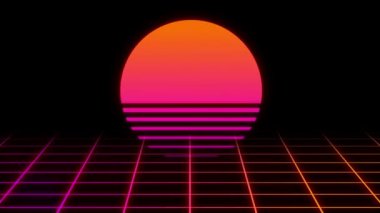 Retro Futuristik ızgara ve günbatımı arka planı. Sentetik kablo çerçevesi.