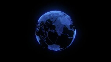 Siyah arkaplandaki dijital mavi gezegen Dünya. Dönen küre ile parlayan kıtalar arasında döngü animasyonu.