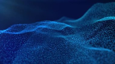 Parlak mavi parçacıkların animasyon arkaplanı, dijital dalga.