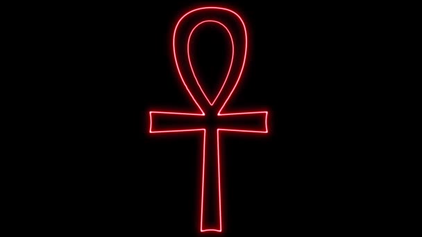 Glowing red neon cross ankh icon animation. — Stok video