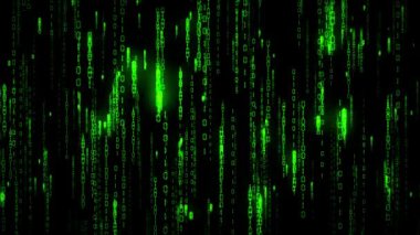 Ekran animasyonunda hareket eden basamaklı ikili kod yeşil arkaplan.