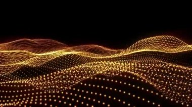 Animasyon soyut dijital sarı parçacıklar siyah arkaplan üzerinde dalgalanır.