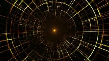 Sarı soyut dijital bilgi tüneli animasyonunda parçacıklarla uçmak.