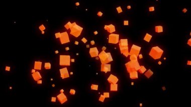 Abstract orange cubes flying animation on a black background.