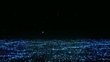 Siyah arkaplanda soyut dijital mavi parçacıklar dalgalanıyor.