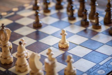 Satranç tahtasındaki beyaz ve siyah tahta parçaları. Oyun sırasında kurulmuş satranç tahtası.