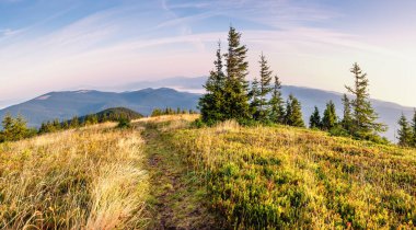 Dağlarda güzel bir gün doğumu. Parlak manzara. Doğanın güzelliği, arka plan görüşü