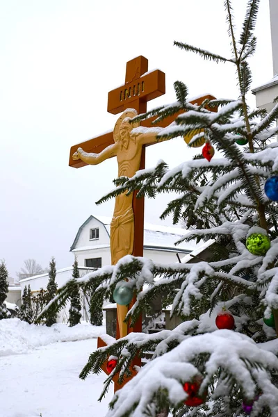 Christmas Tree Branch Decorations Background Orthodox Cross Crucifix Orthodox Church — Stock Photo, Image