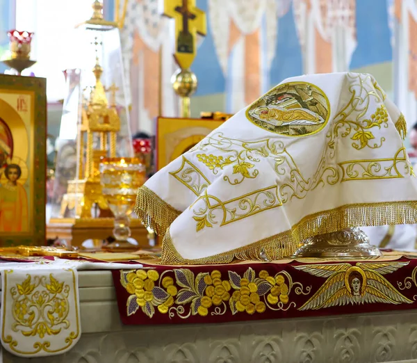 Throne Orthodox Church Prosphora Prosper Covered Veil Image Virgin Bowl — стокове фото