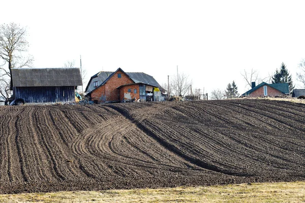 Plogade Förberedda För Sådd Jordbruksmark Spår Plogar Och Traktorhjul Marktexturer — Stockfoto