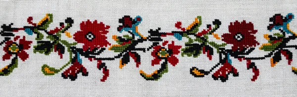 National ornament on Ukrainian embroidery. Ornamentation of old Ukrainian towels and tablecloths, embroidery and placement of patterns. Home-woven fabric. Handmade. Embroidery of the late 19th century.