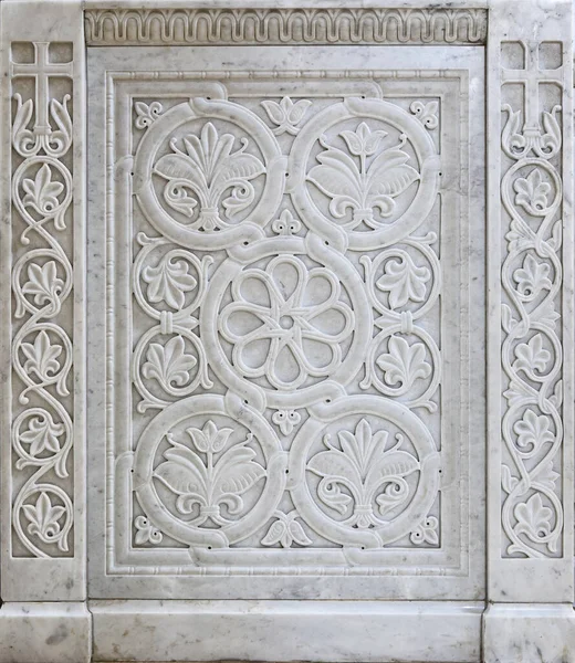Marmeren Beeldhouwwerk Met Geometrische Planten Vogelmotieven Handgemaakt Marmeren Textuur Byzantijnse Stockafbeelding