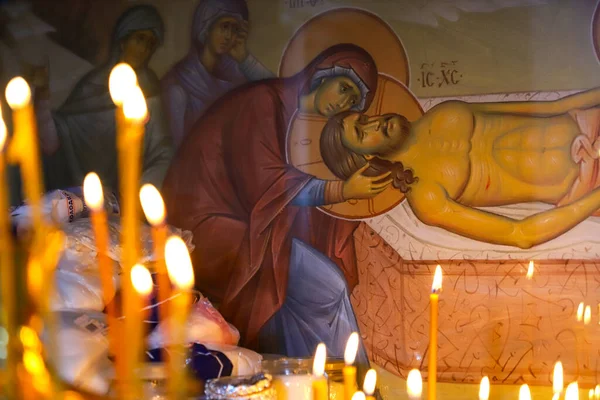 Memoria Los Muertos Las Velas Arden Candelero Conmemorativo Iglesia Ortodoxa — Foto de Stock